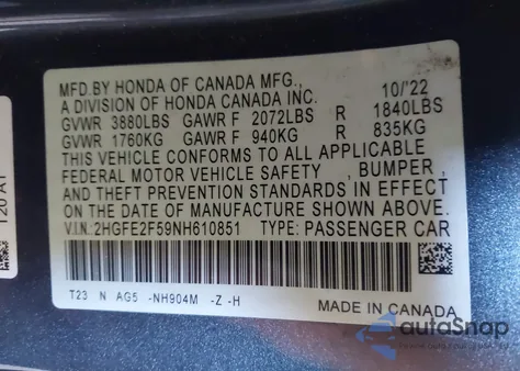 2022 Honda Civic Sport z USA, uszkodzony, nr VIN 2HGFE2F59NH610851